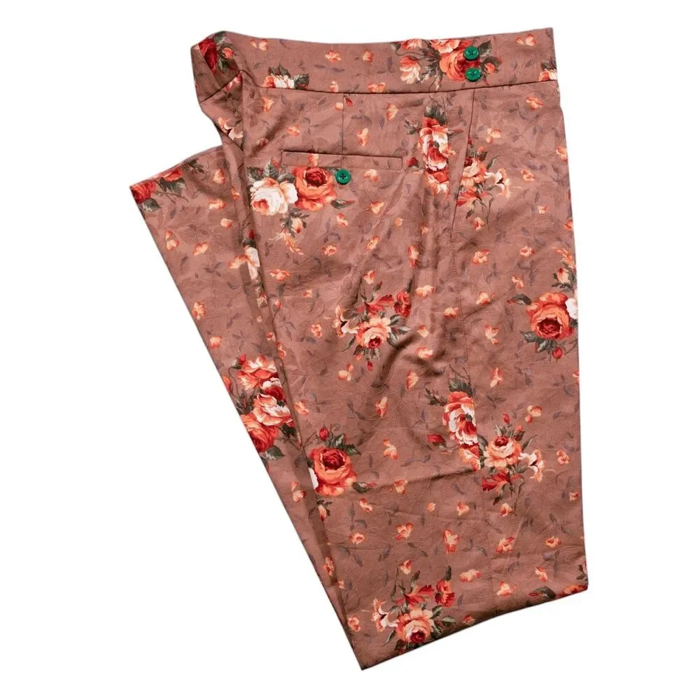 Mens 36 Gurkha Pants Brown Orange Floral Cotton Flat Front Slim Fit Trousers